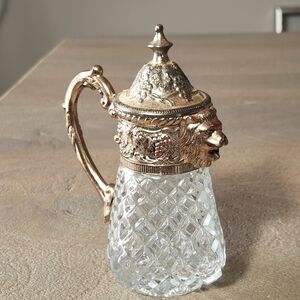Vtg Silver Plate Lion's Head & Grapevine Pressed Diamond Glass Syrup Creamer
